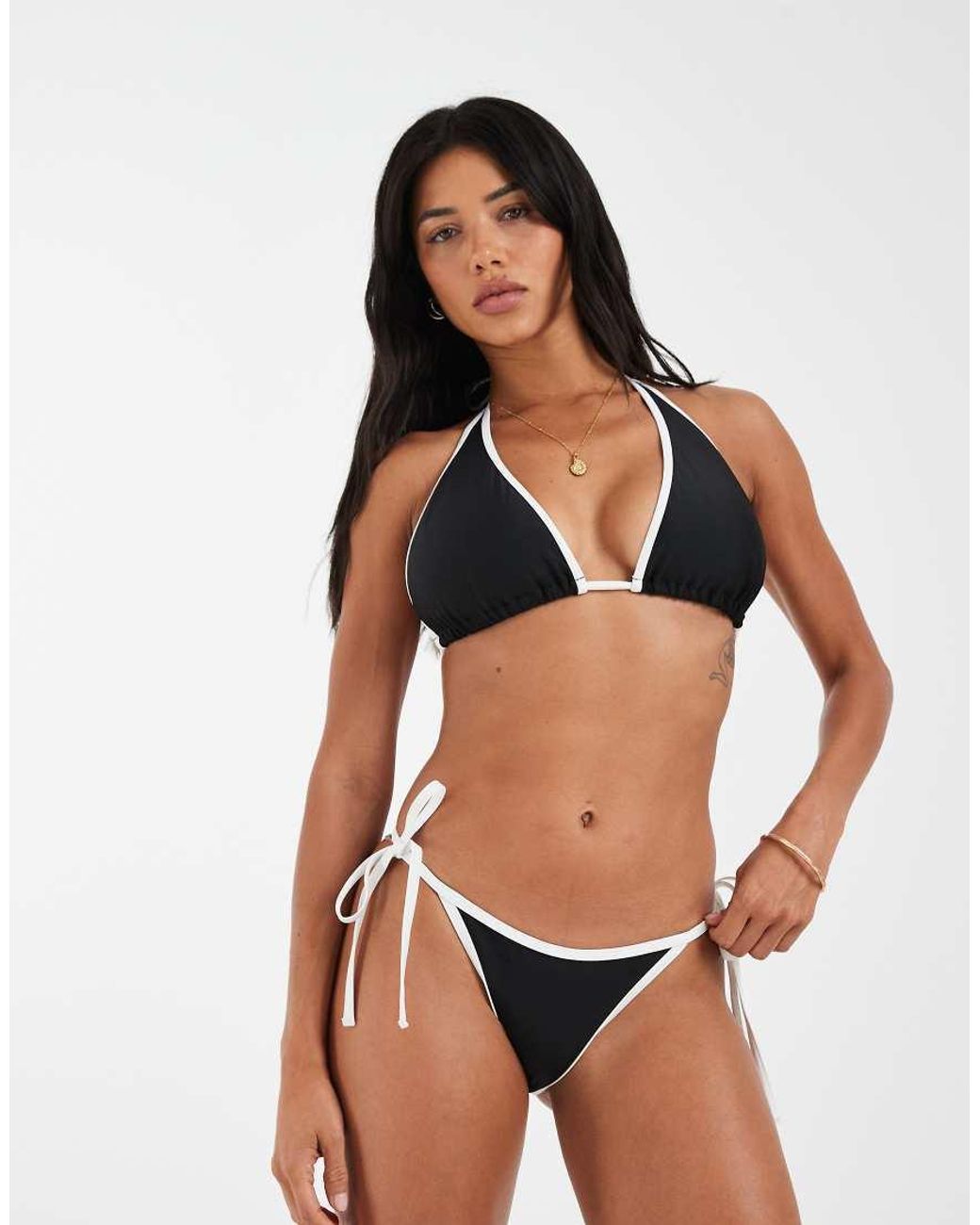 Wolf & Whistle Natural Tie Side Bikini Bottoms With Contrast Piping
