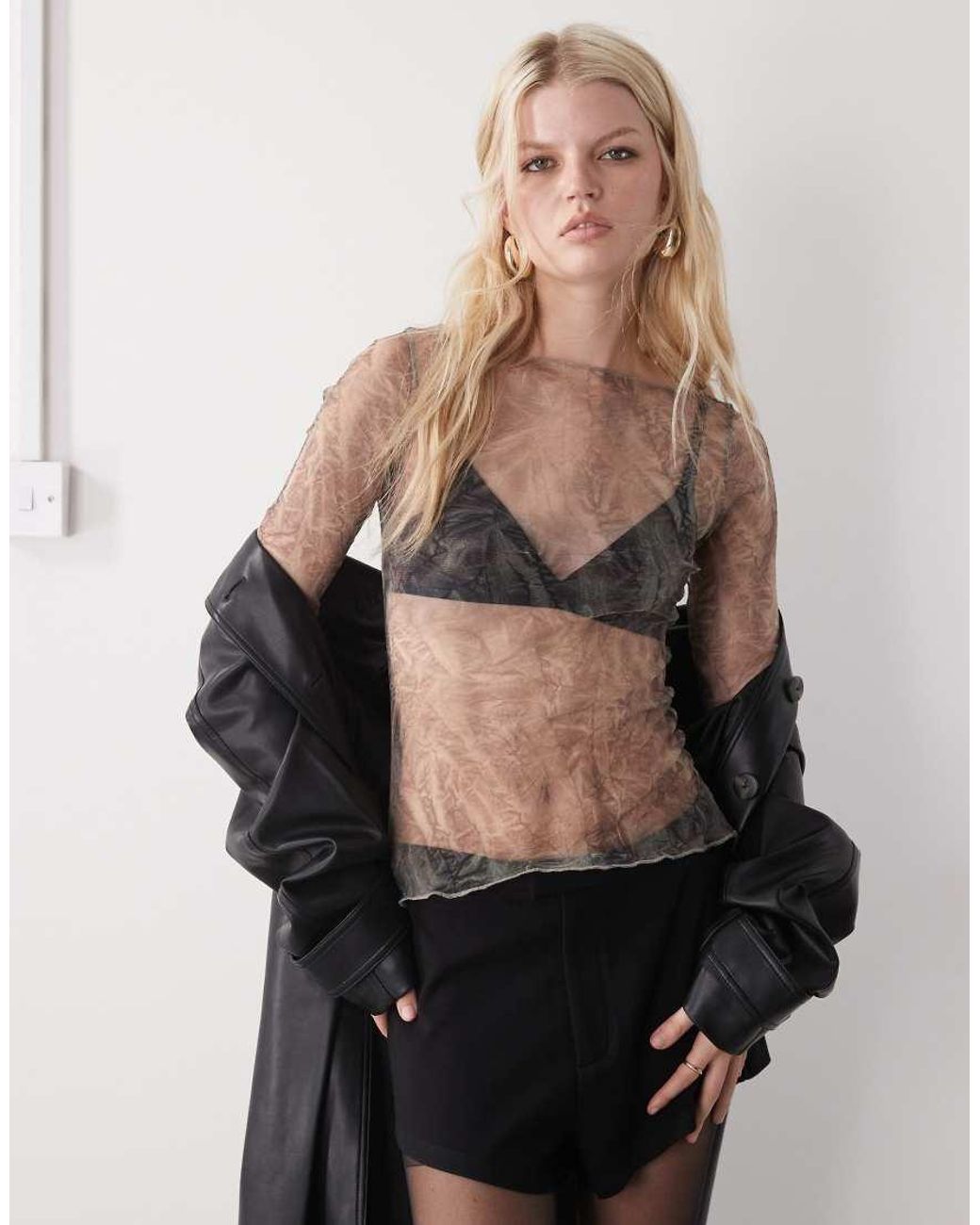 Weekday Gray Sheer Mesh Slash Neck Long Sleeve Top