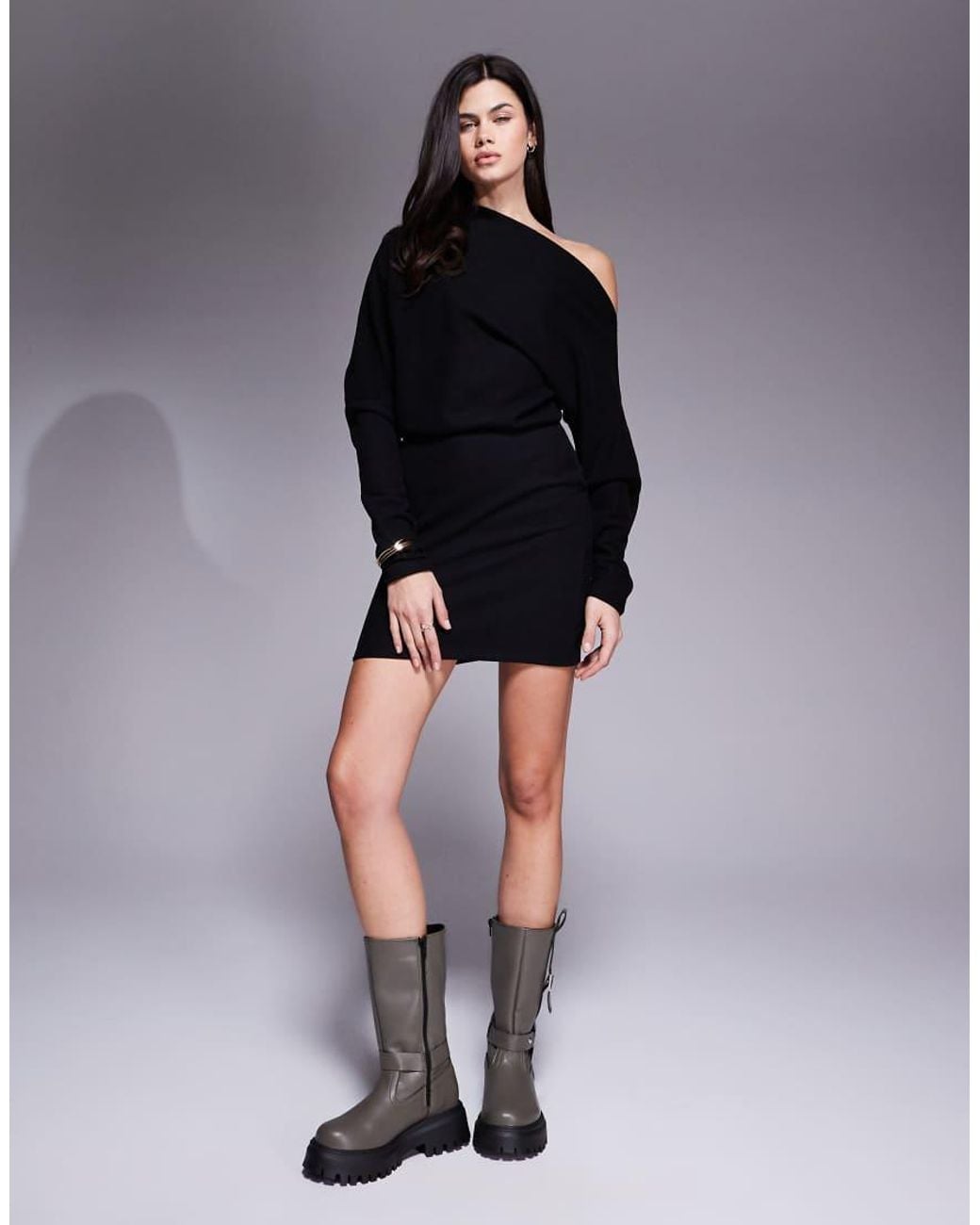 ASOS Black Supersoft Long Sleeve Fallen Shoulder Mini Dress