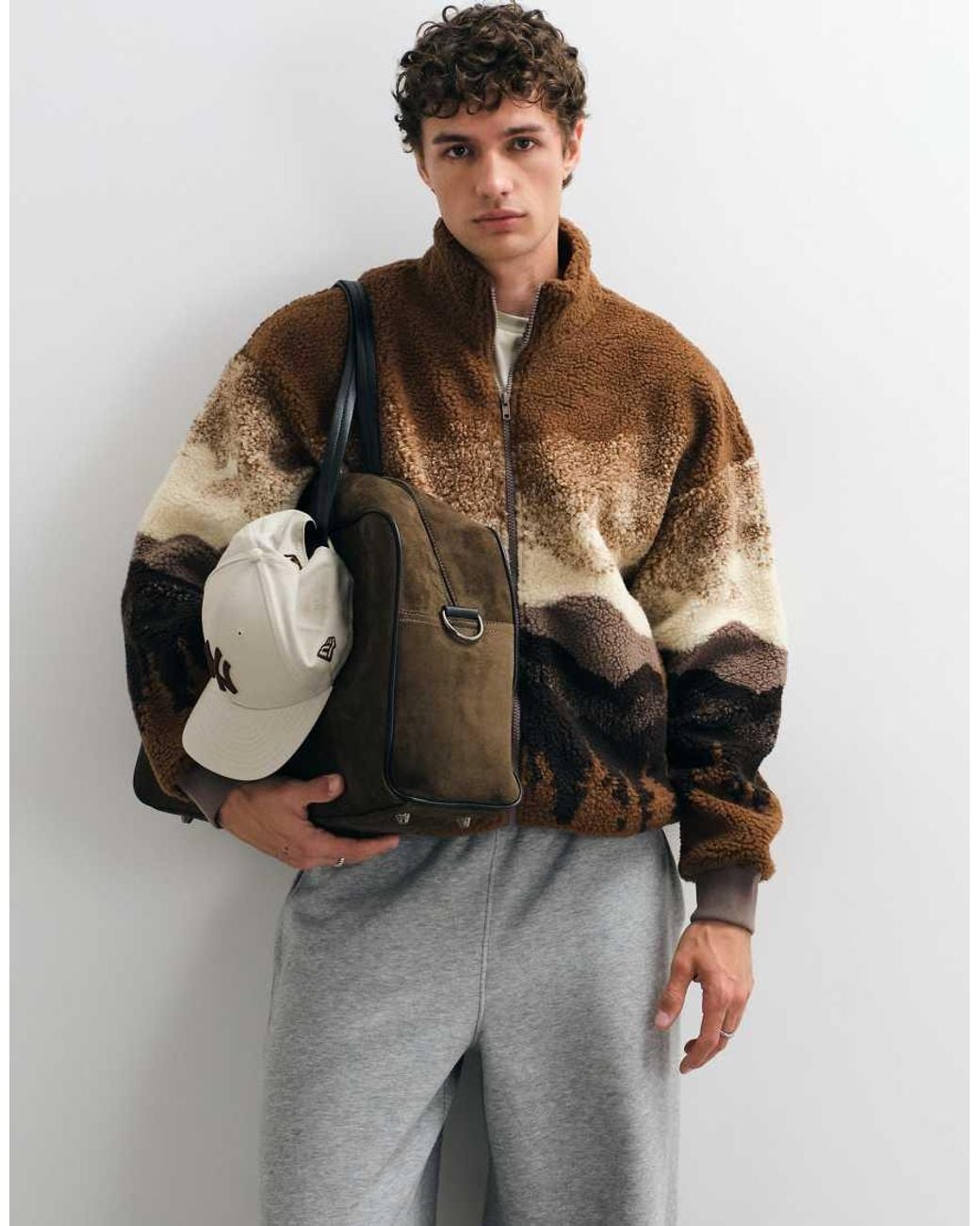 Only & Sons Brown Oversized Bomber Fleece With Scenic Print for men