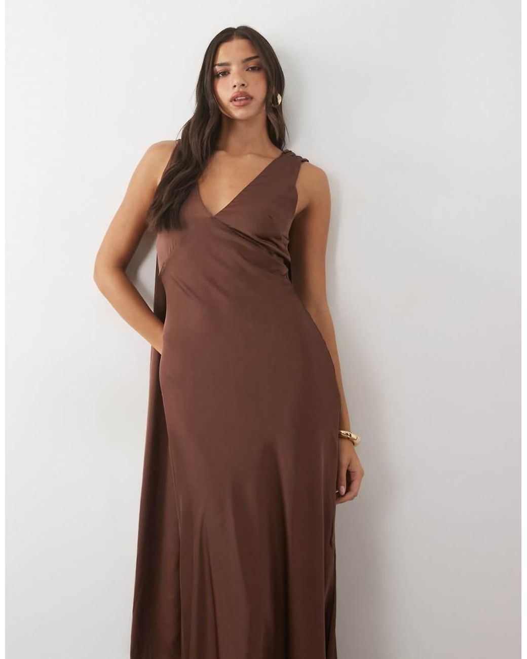 TFNC London Brown Bridesmaids Satin Plunge Neck Scarf Detail Lace Up Open Back Maxi Dress
