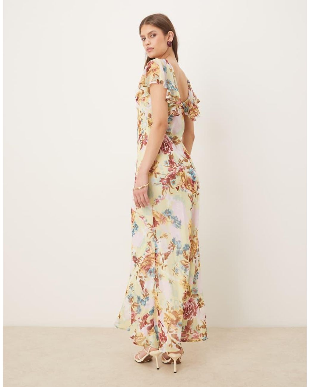ASOS Natural Ruffle Sleeve Scoop Bias Maxi Dress