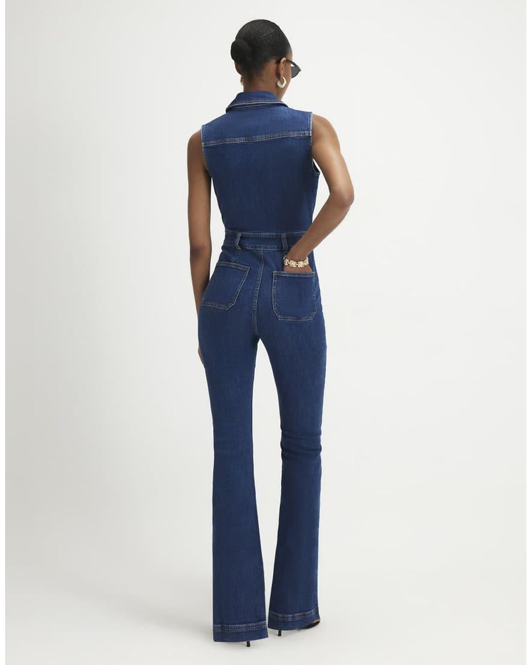 River Island Blue Stretch Flared Denim Jumpsuit