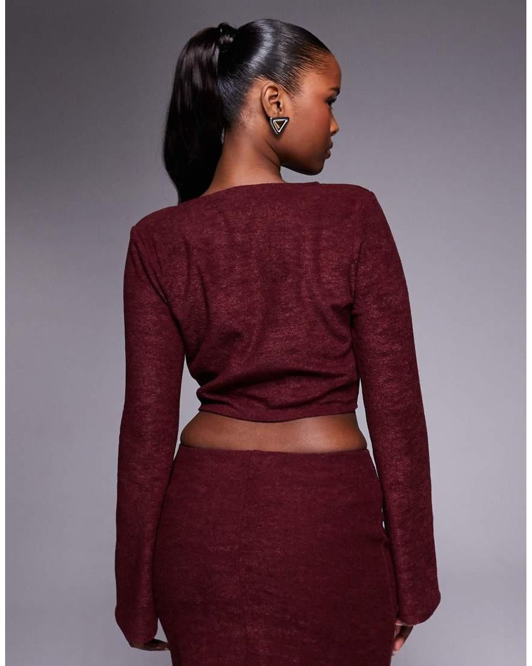 ASOS Red Co-Ord Brushed Rib V Front Crop Top With Flare Sleeve
