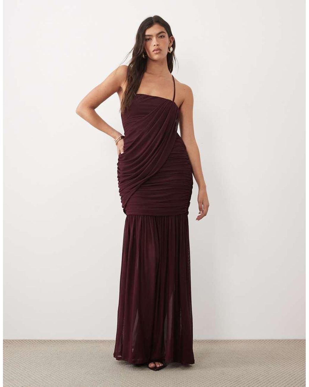 ASOS Brown Mesh Sleeveless Asymmetric Drape Maxi Dress