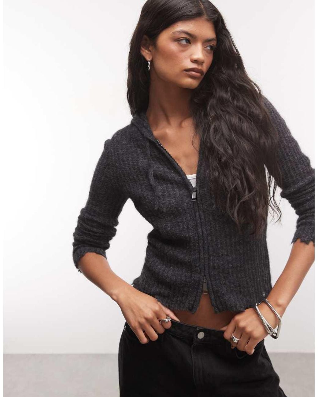 AllSaints Black Allsains Mabel Distressed Knitted Zip Through Hoodie