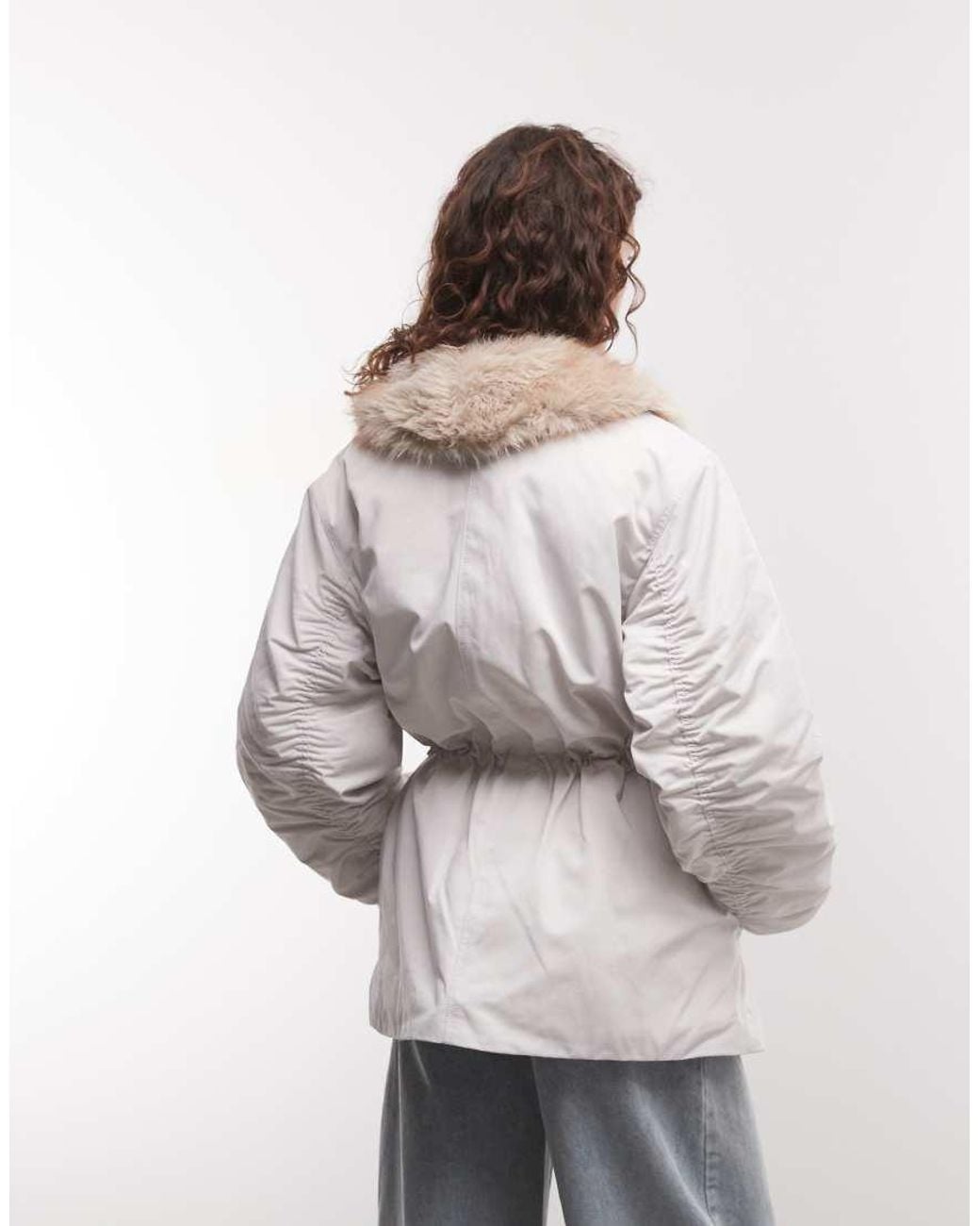 Monki Gray Faux Fur Cinched Puffer Coat