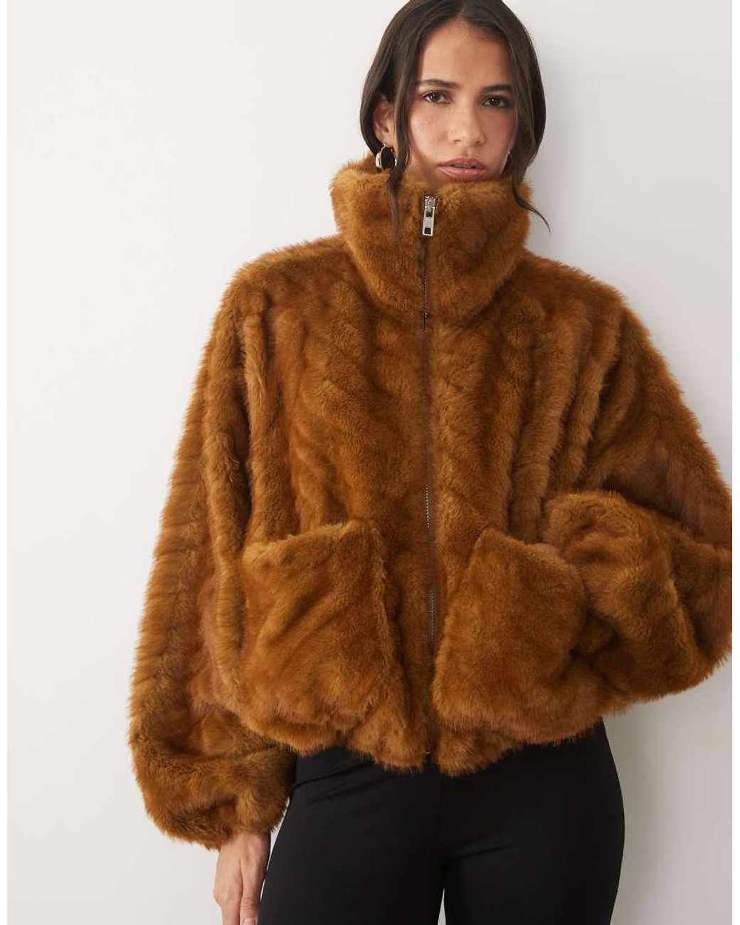 AFRM Natural Kyoto Chevron Faux Fur Funnel Neck Bubble Hem Bomber