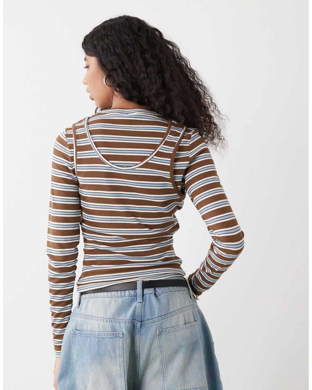 Collusion Gray Long Sleeve Double Layer Striped Top