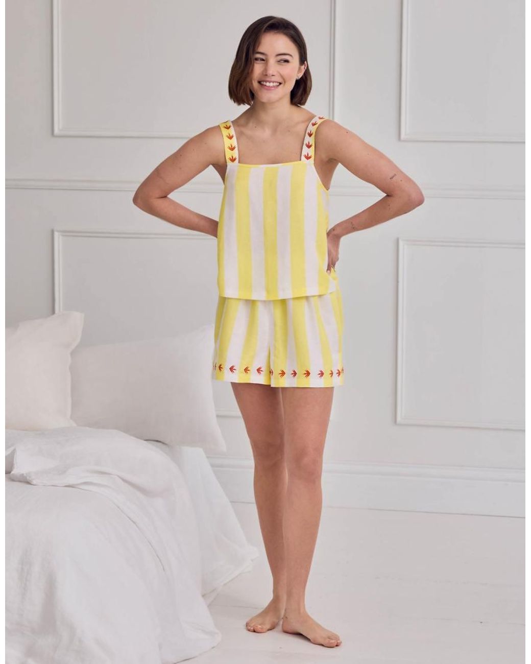 Chelsea Peers Yellow Linen Blend Embroidered Back Stripe Cami Short Pyjama Set