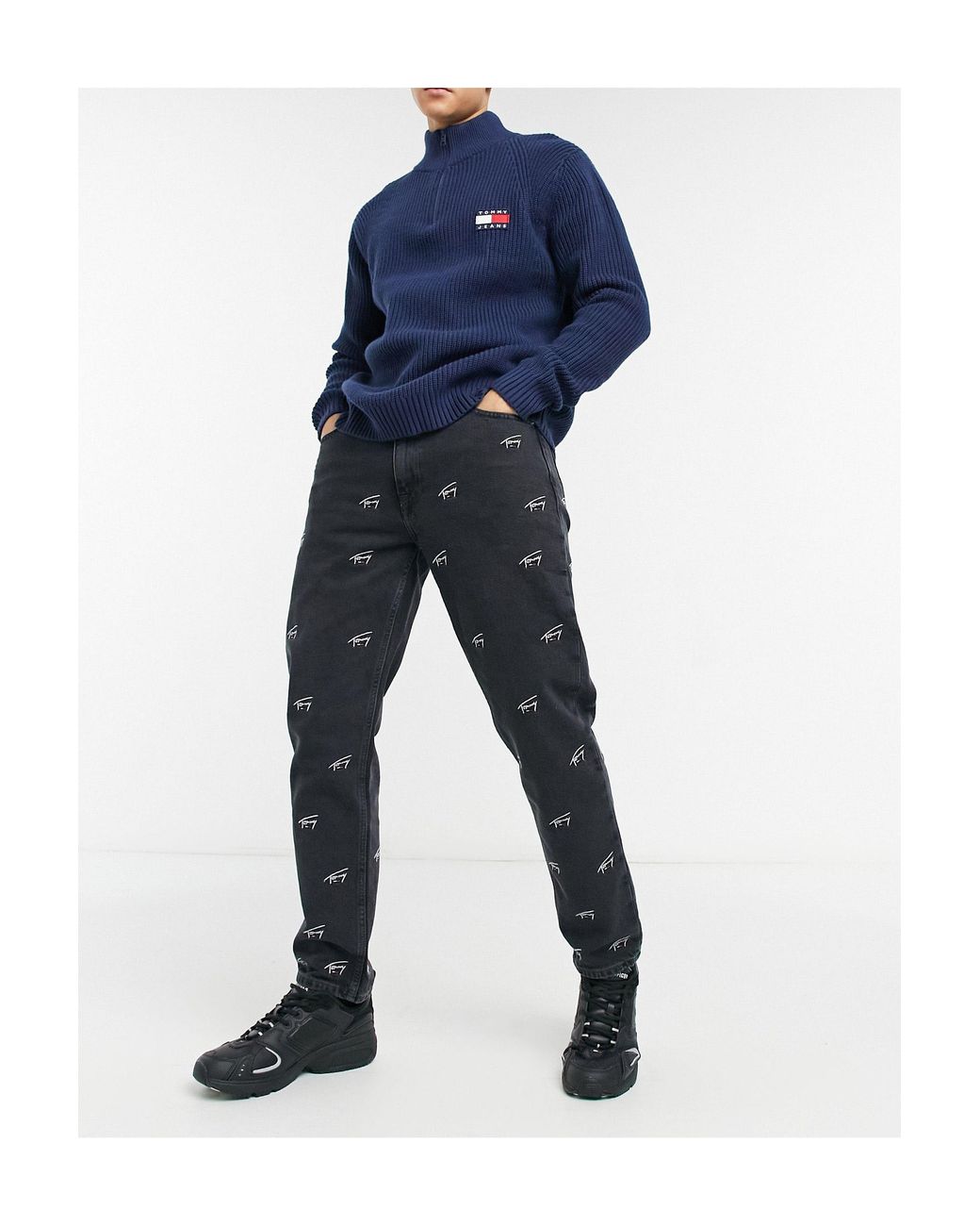 Tommy Hilfiger Dad Straight Fit All Over Logo Jean in Black for