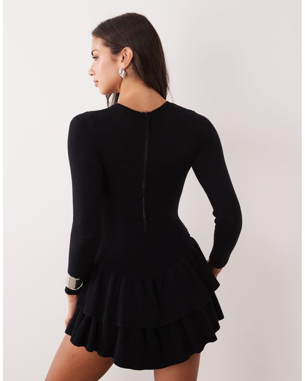 Aria Cove Black Knitted Long Sleeve Ruffle Skirt Mini Dress