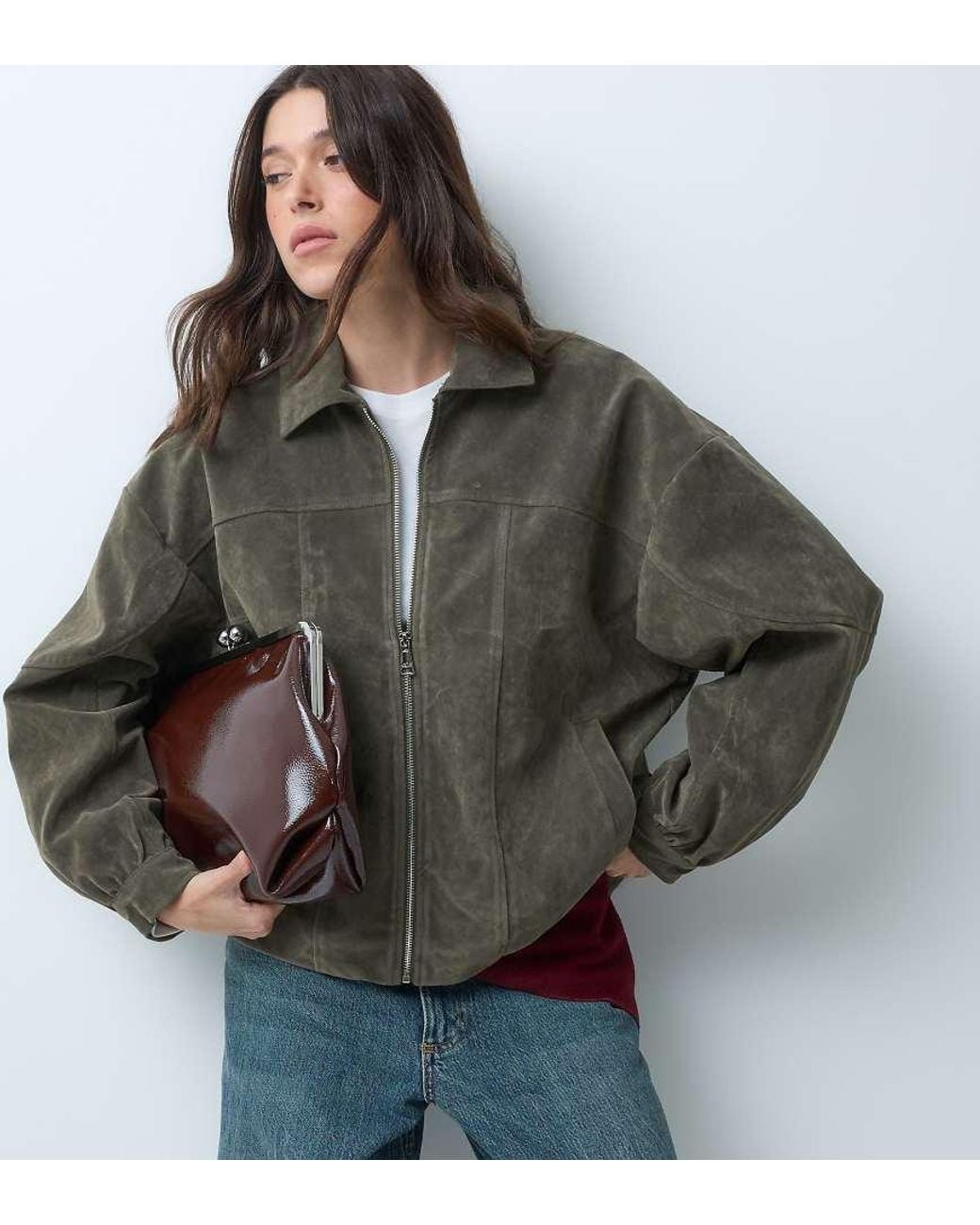 Kaiia Brown Exclusive Faux Suede Zip Through Bomber Jacket