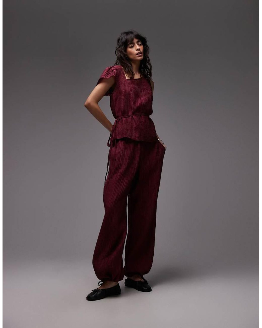 ASOS Brown Crinkle Asymmetric Tie Waist Top Co-ord