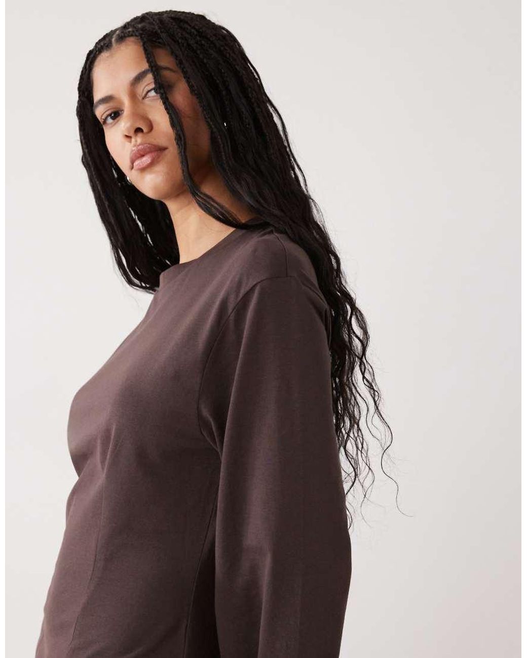 Monki Brown Cinched Waist Long Sleeve Structured Jersey Top