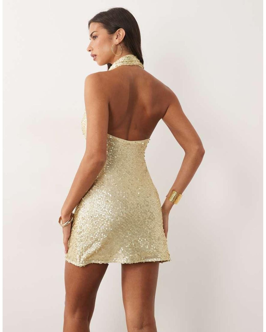 ASOS Natural Sequin Cowl Halter Neck Mini Dress