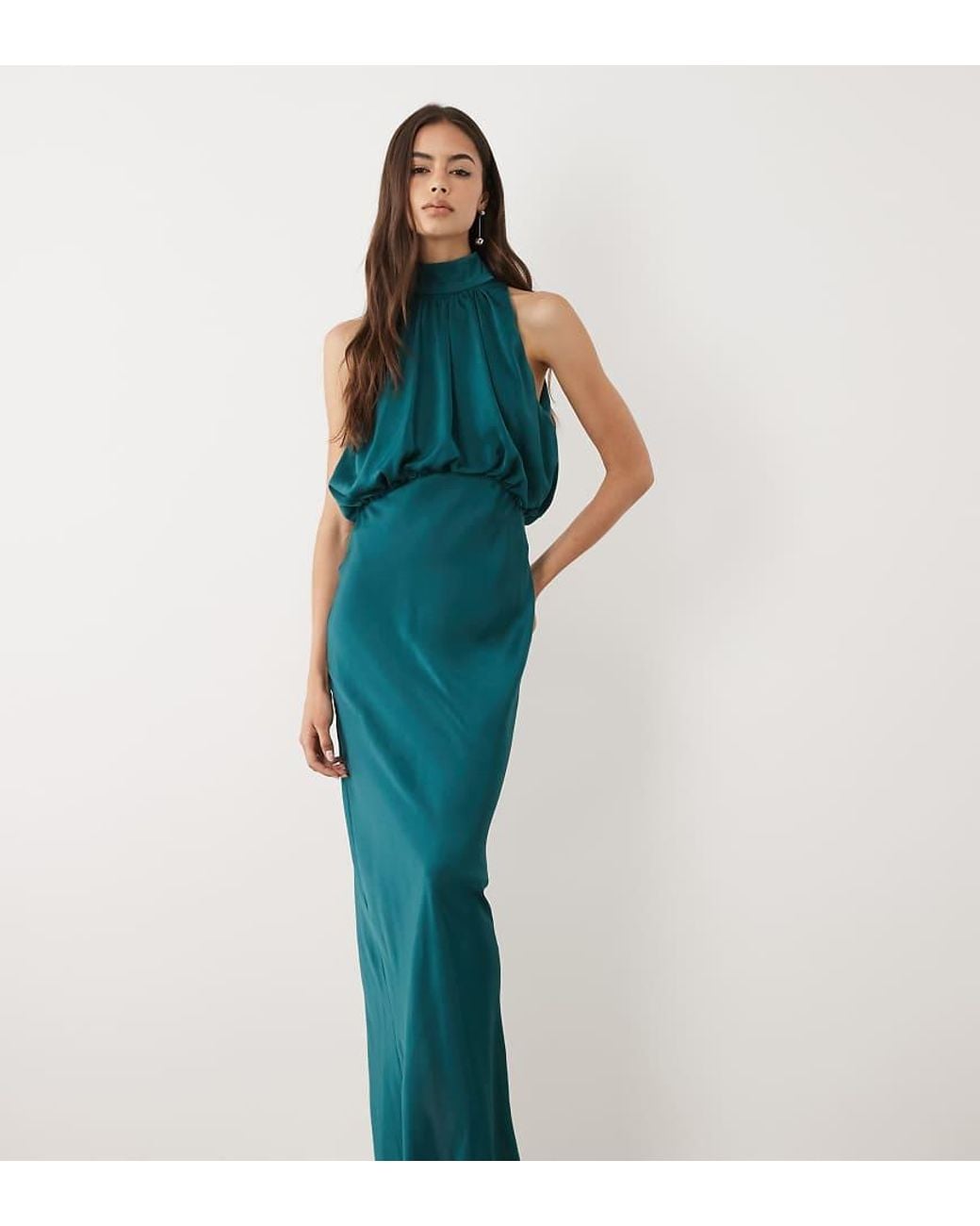 ASOS Blue Asos Design Tall Halterneck Blouson Satin Maxi Dress