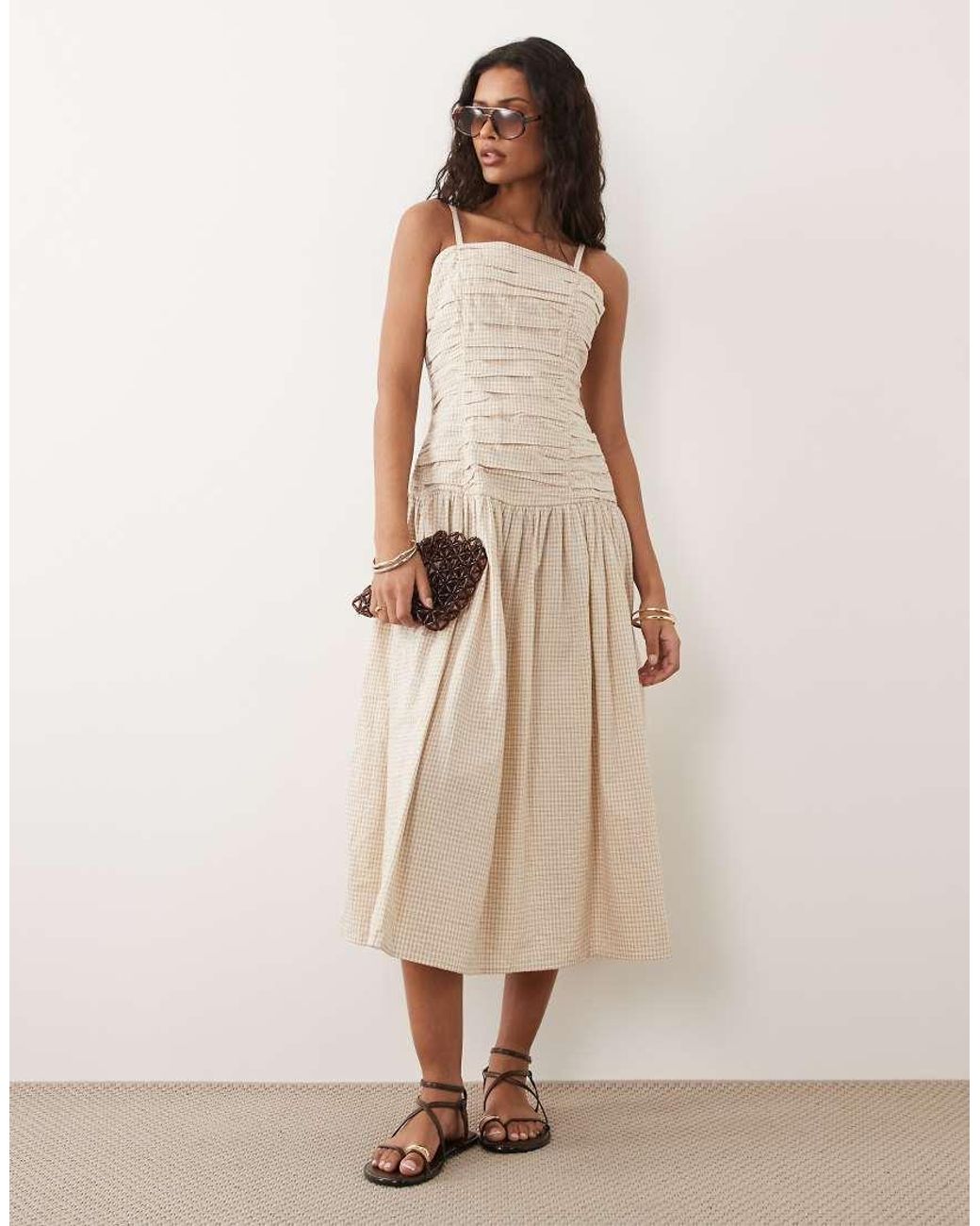 Brave Soul Brown Strappy Midi Dress With Ruched Bodice