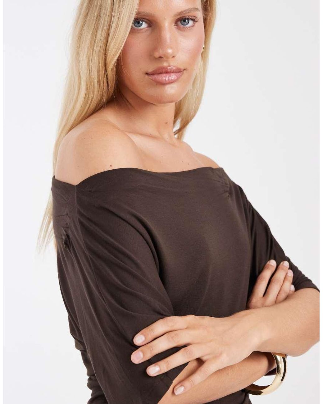 Noisy May Brown Boatneck Top With Ruched Detail
