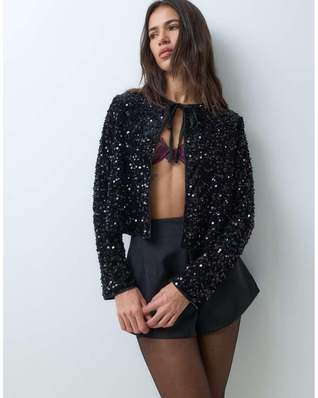 New Look Gray Bow Tie Sequin Top Co-Ord