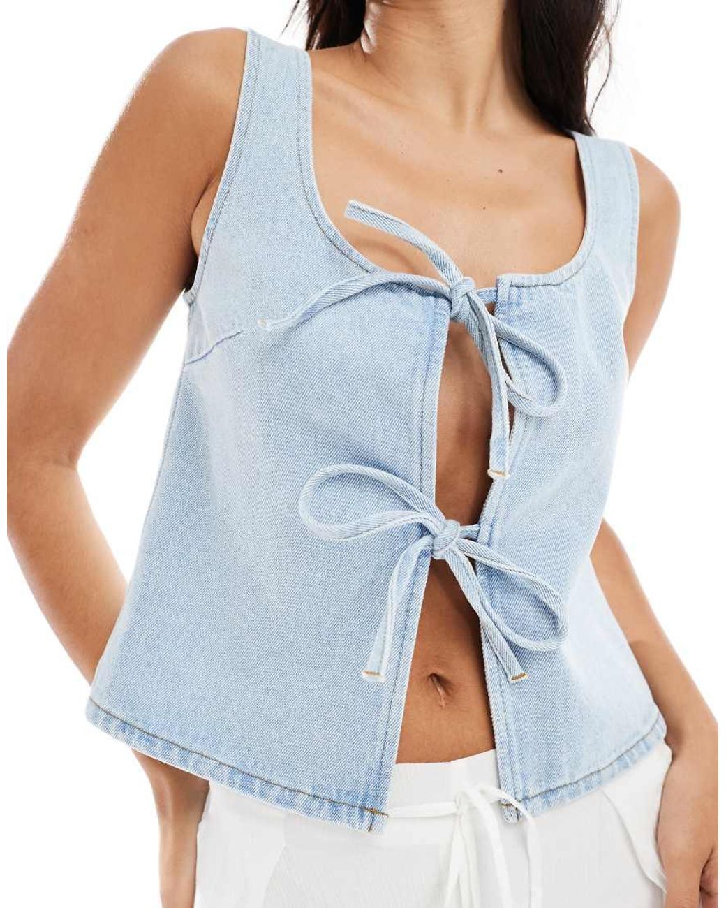 ASOS Blue Tie Front Denim Top With Square Neck