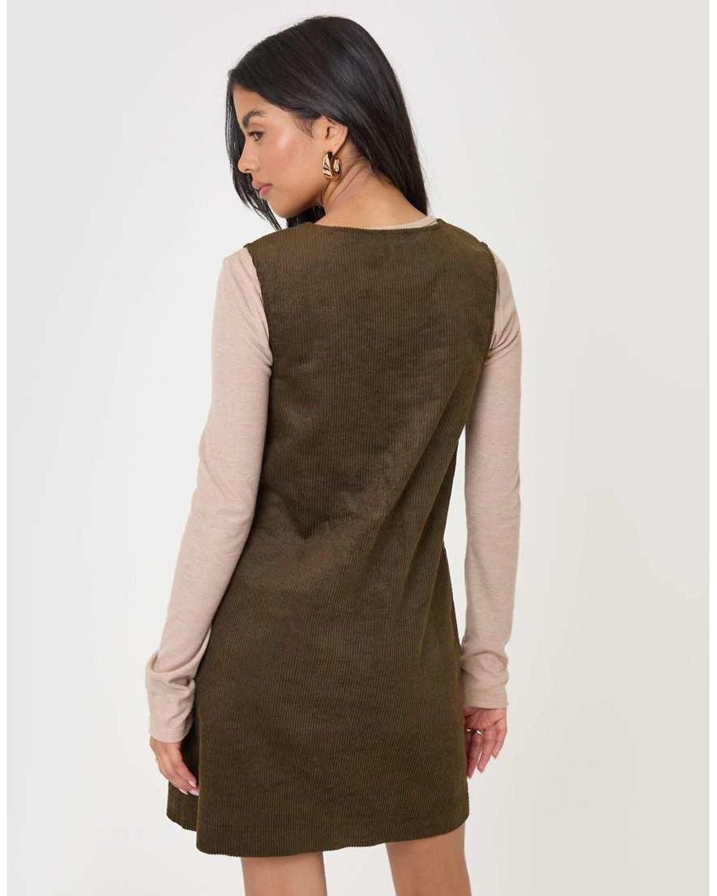 Threadbare Natural Corduroy V Neck Mini Dress