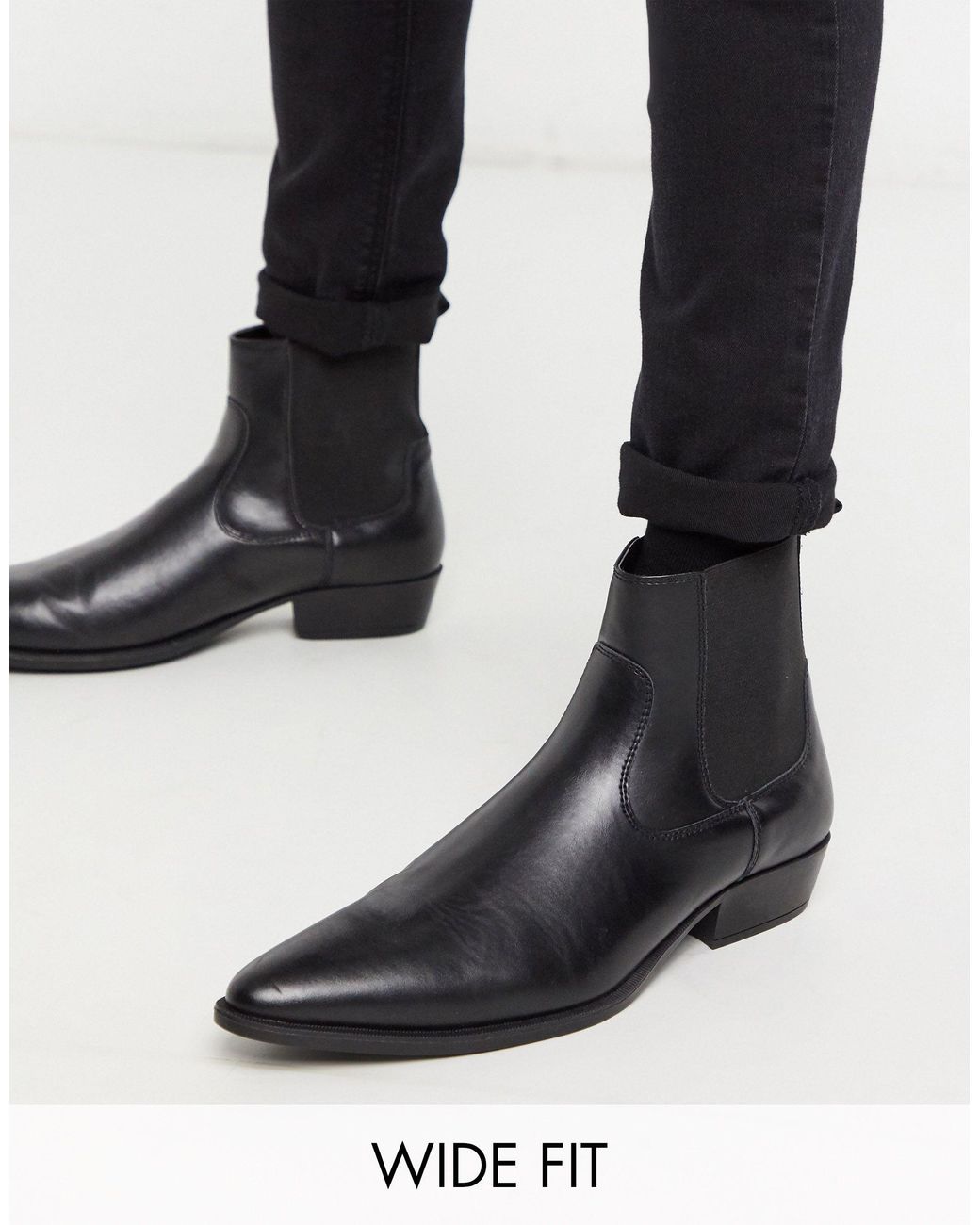 ASOS Wide Fit Cuban Heel Western Chelsea Boots in Black for Men - Lyst