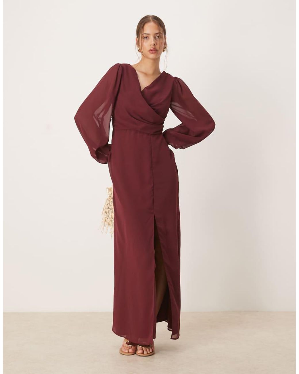 ANAYA Red Faux Wrap Blouson Sleeve Maxi Dress