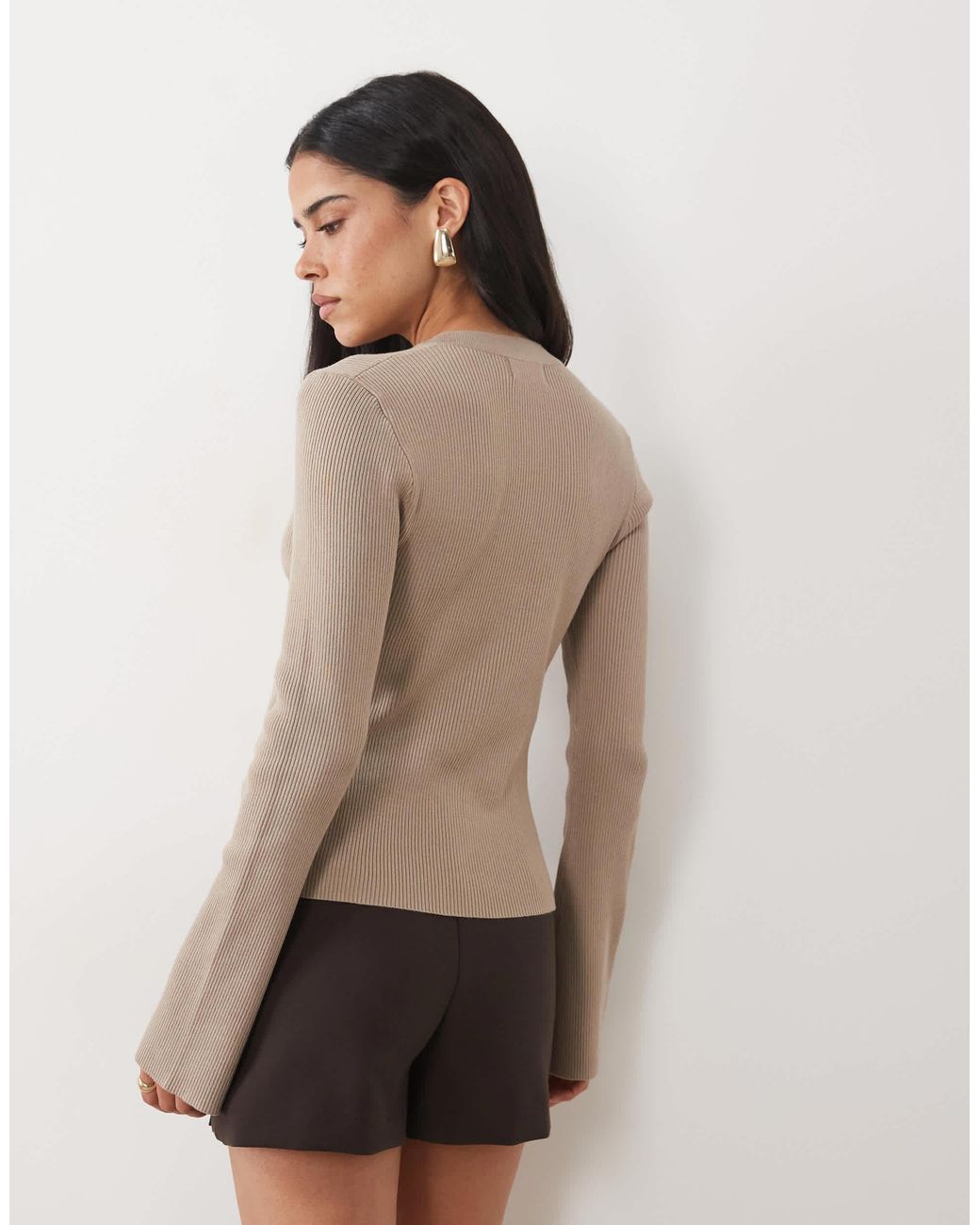 Pretty Lavish Natural Knit Button Down Cardigan With Bell Sleeve