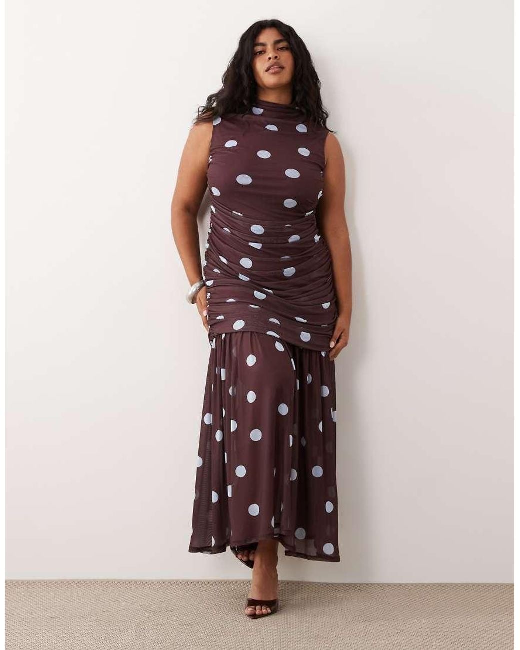 asos brown polka dot dress Asos Design Curve Printed Ruched Drop Waist Circle With Grown On Neck in Color:Very Black Black Velvet Dress- NYE Elevate your seasonal look 37 / US 14