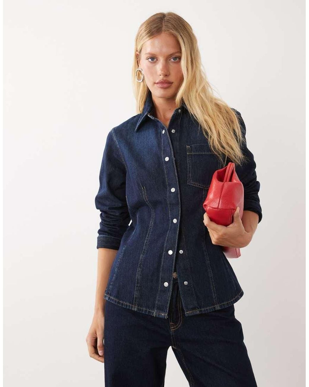 Mango Blue Cinched Waist Denim Shirt