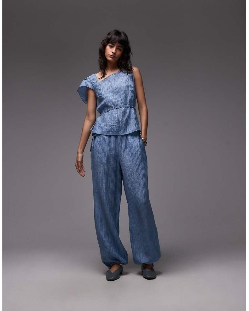 ASOS Blue Crinkle Asymmetric Tie Waist Top Co-Ord