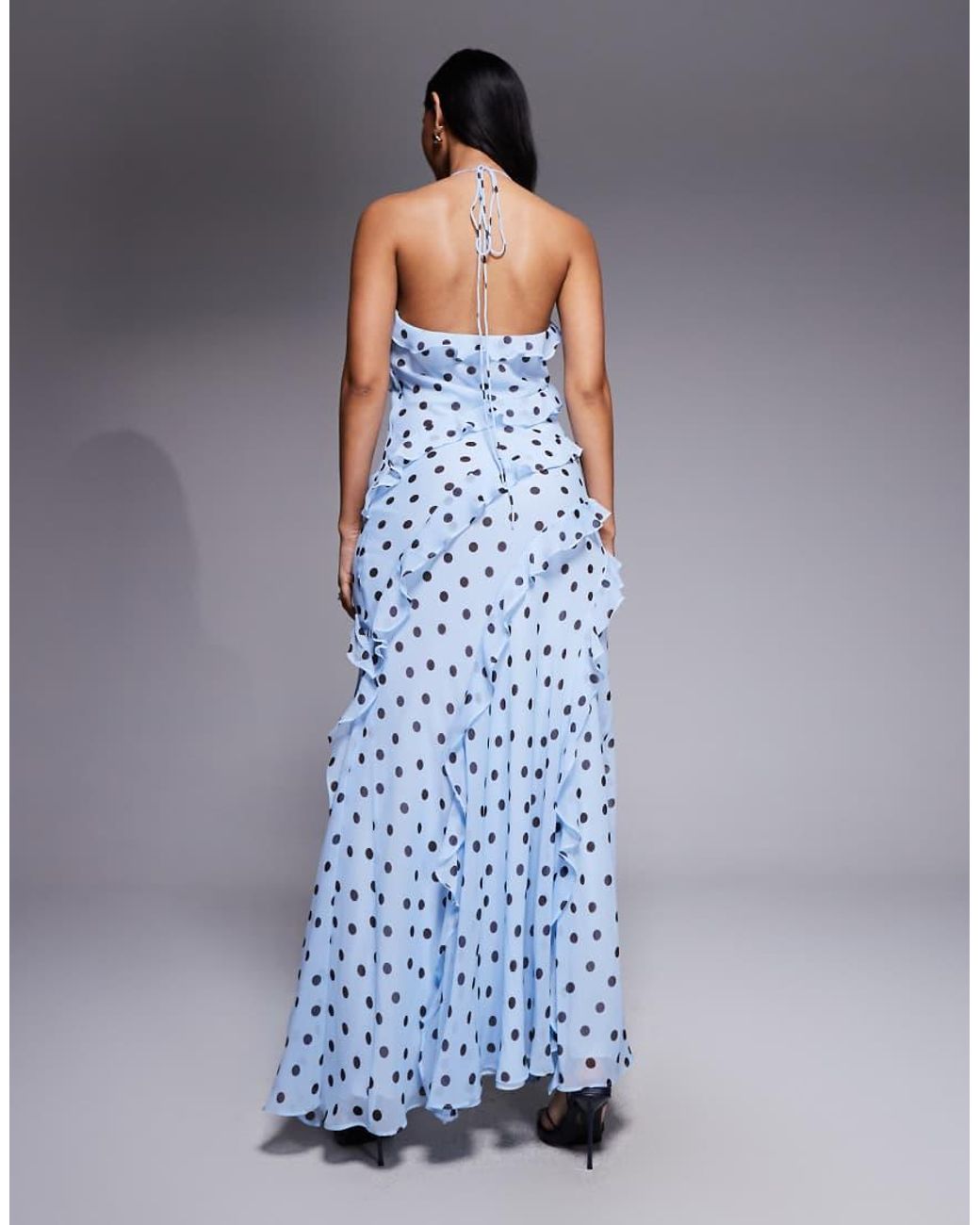 Forever New Blue Low Back Halter Neck Ruffle Maxi Dress
