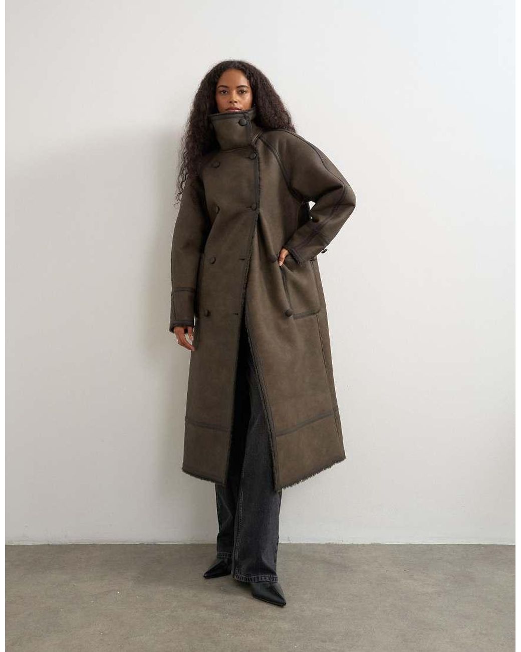 TOPSHOP Natural Longline Faux Leather Funnel Neck Coat