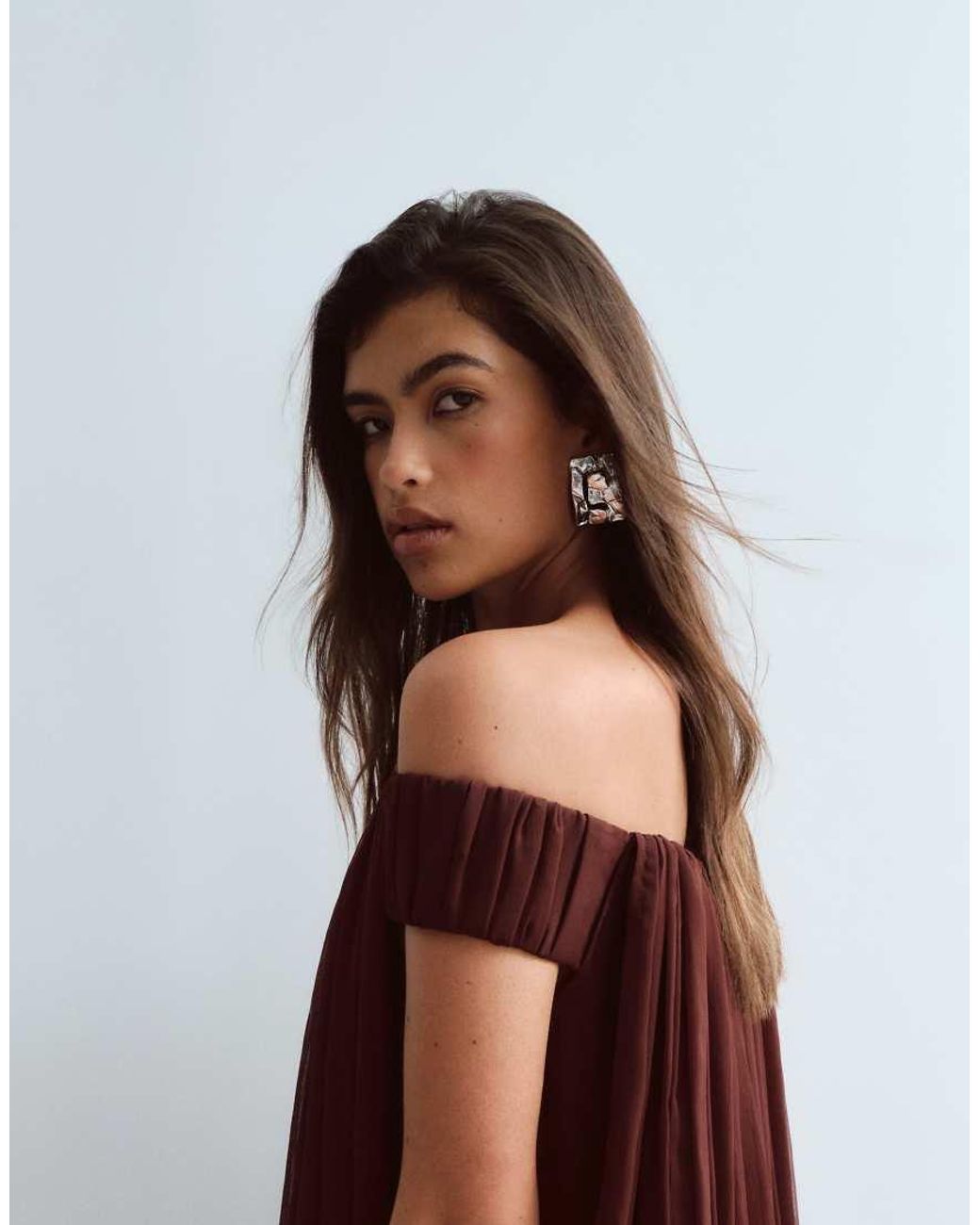 ARRANGE Red Trapeze Bardot Maxi Dress With Cape Back