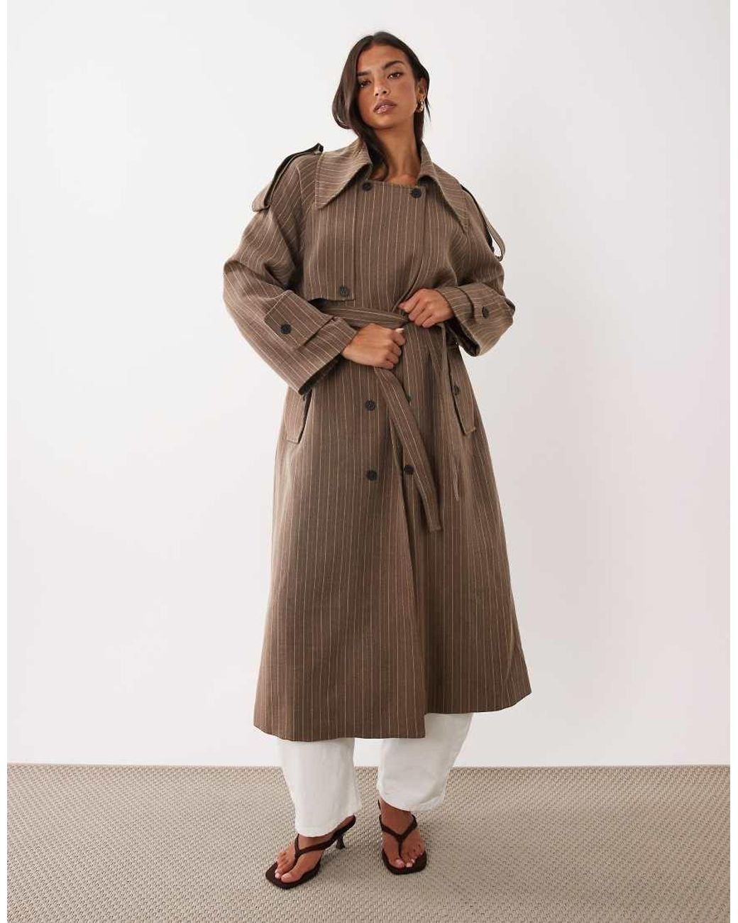 Aria Cove Brown Oversized Lapel Belt Detail Trench Maxi Coat