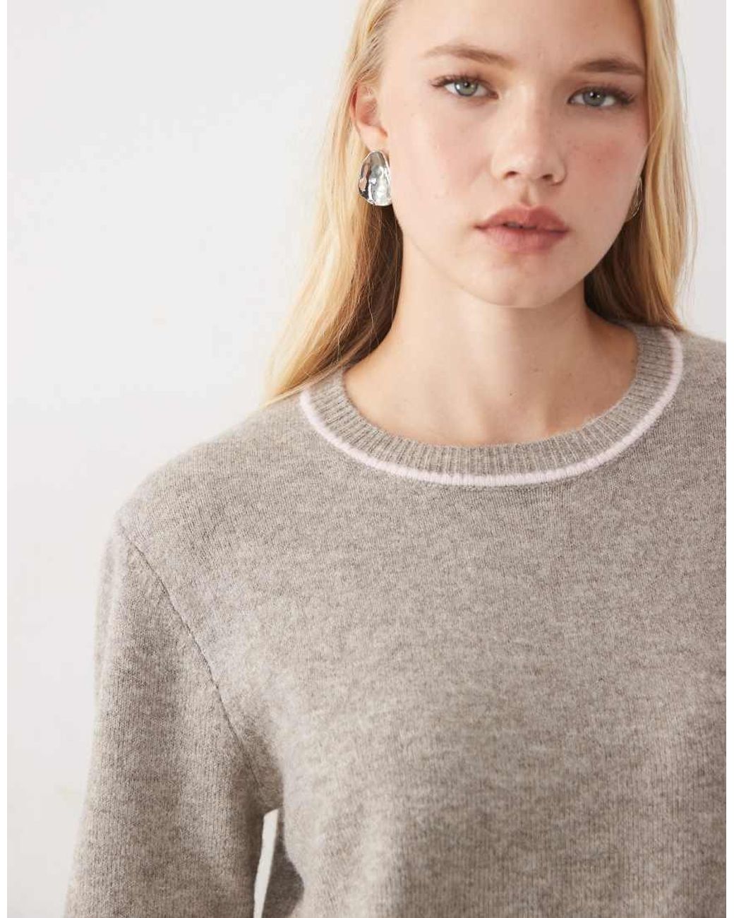 Mango Gray Teen Round Neck Knitted Jumper With Contrast Tipping