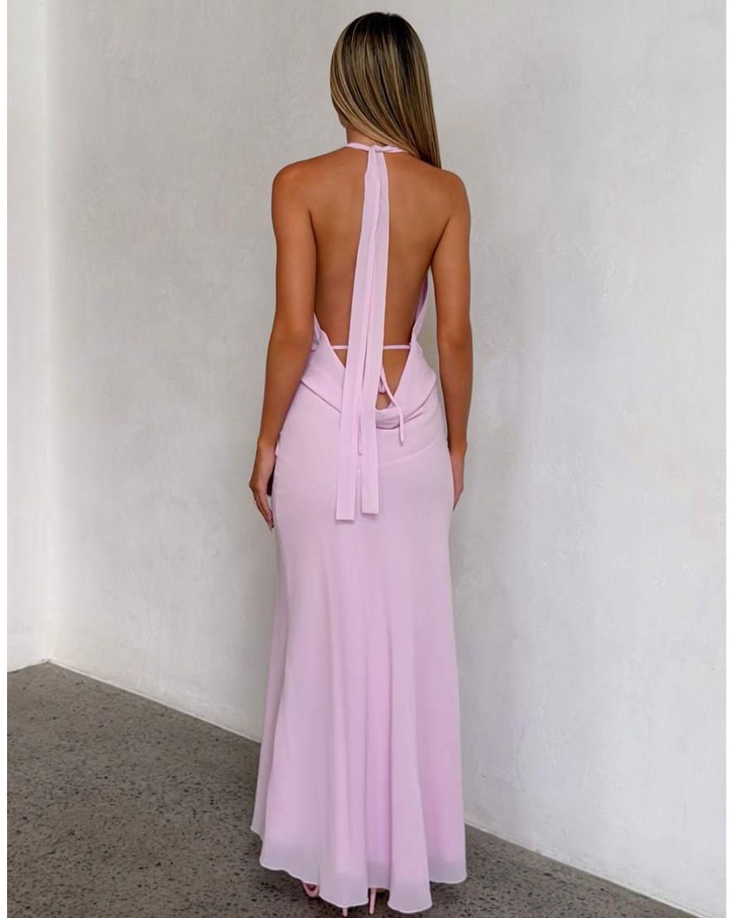 Tiger Mist Pink Zyla Chiffon Halter Cowl Neck Fishtail Maxi Dress