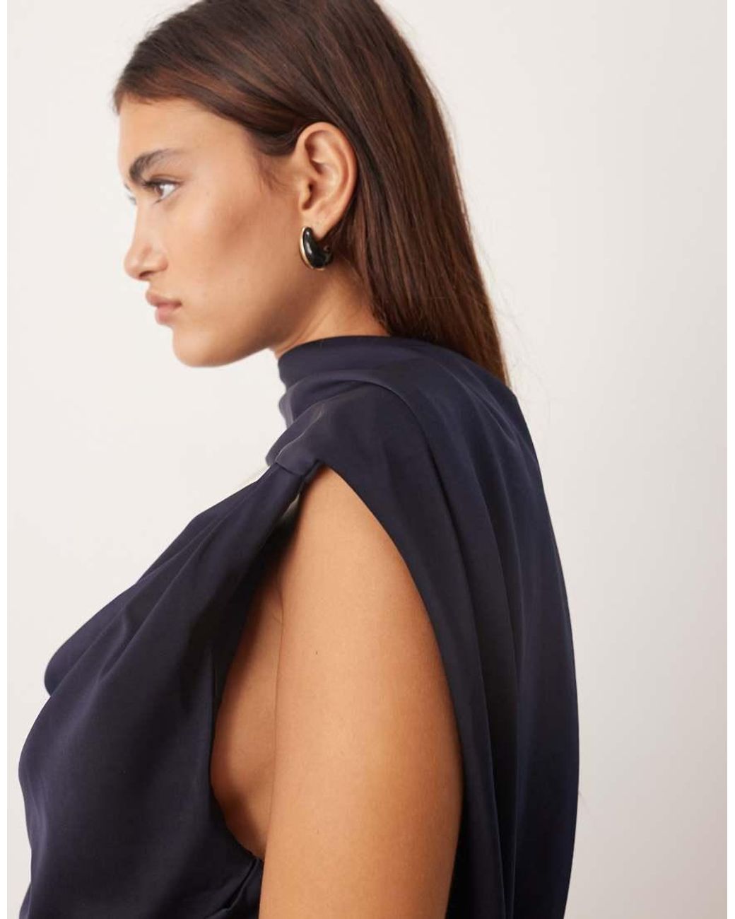 ARRANGE Blue Scarf Neck Draped Maxi Dress With Low Back And Train