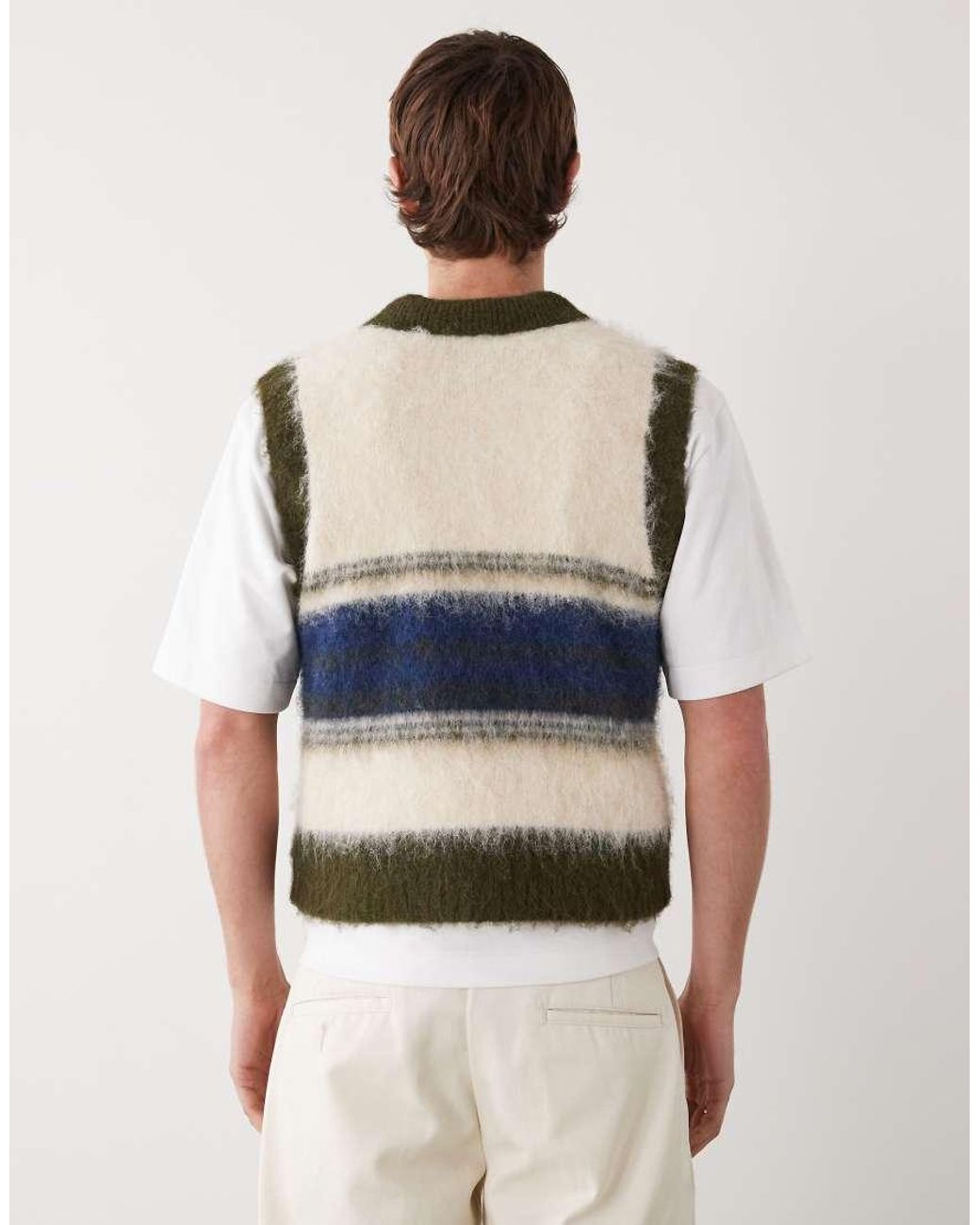Reclaimed Vintage White Fluffy Knitted Tank With Collar Detail for men