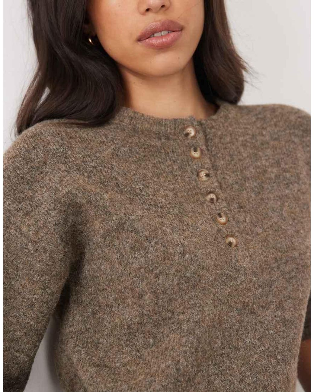 Nobody's Child Brown Wool Mix Knitted Crew Neck Short Sleeve Relaxed Fit Henley Tee