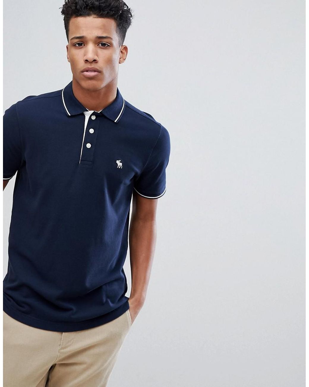 Abercrombie & Fitch Stretch Core Moose Logo Tipped Slim Fit Polo In Navy in  Blue for Men | Lyst