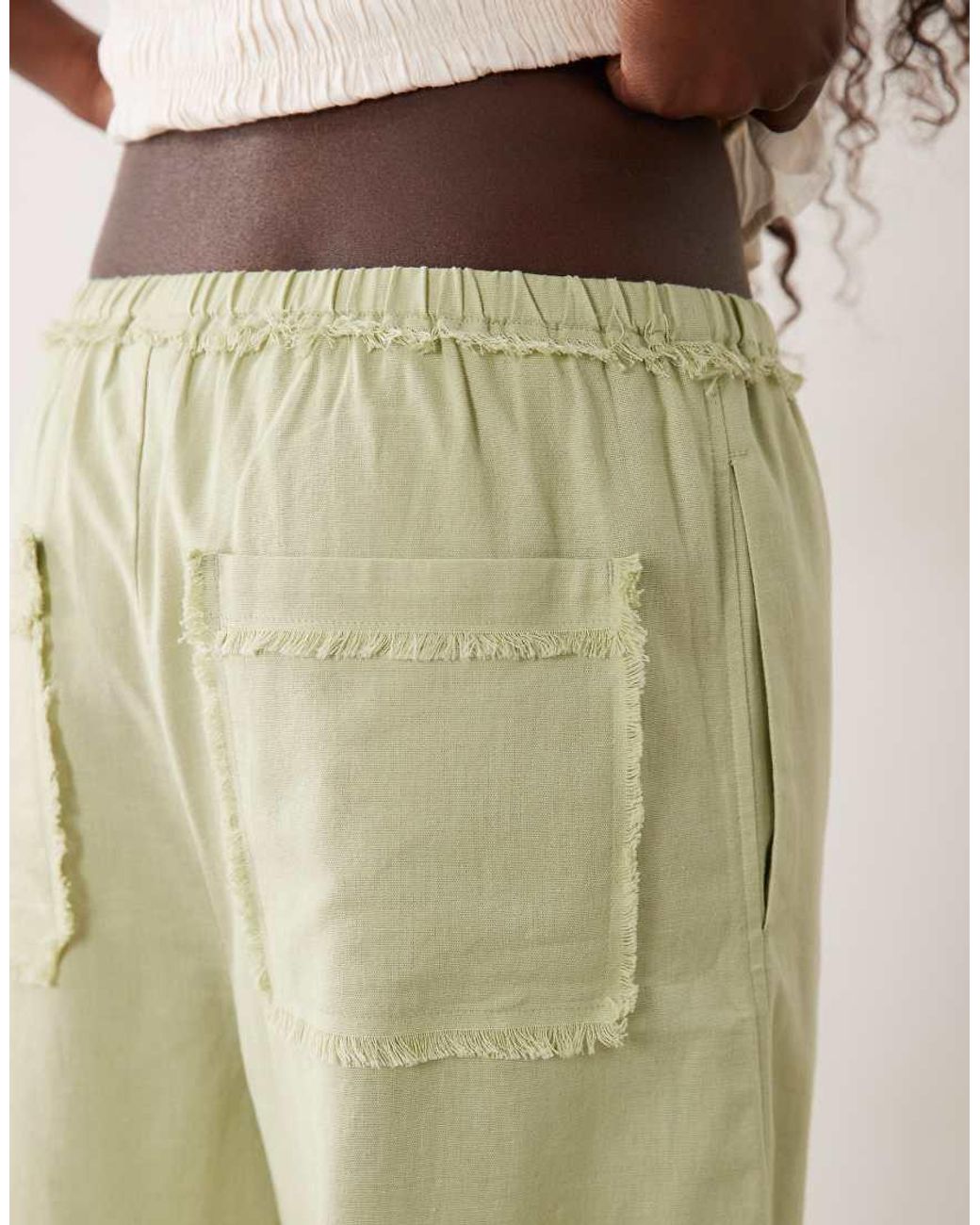 ASOS Natural Linen Blend Pull On Barrel Leg Trousers With Raw Seam Detail