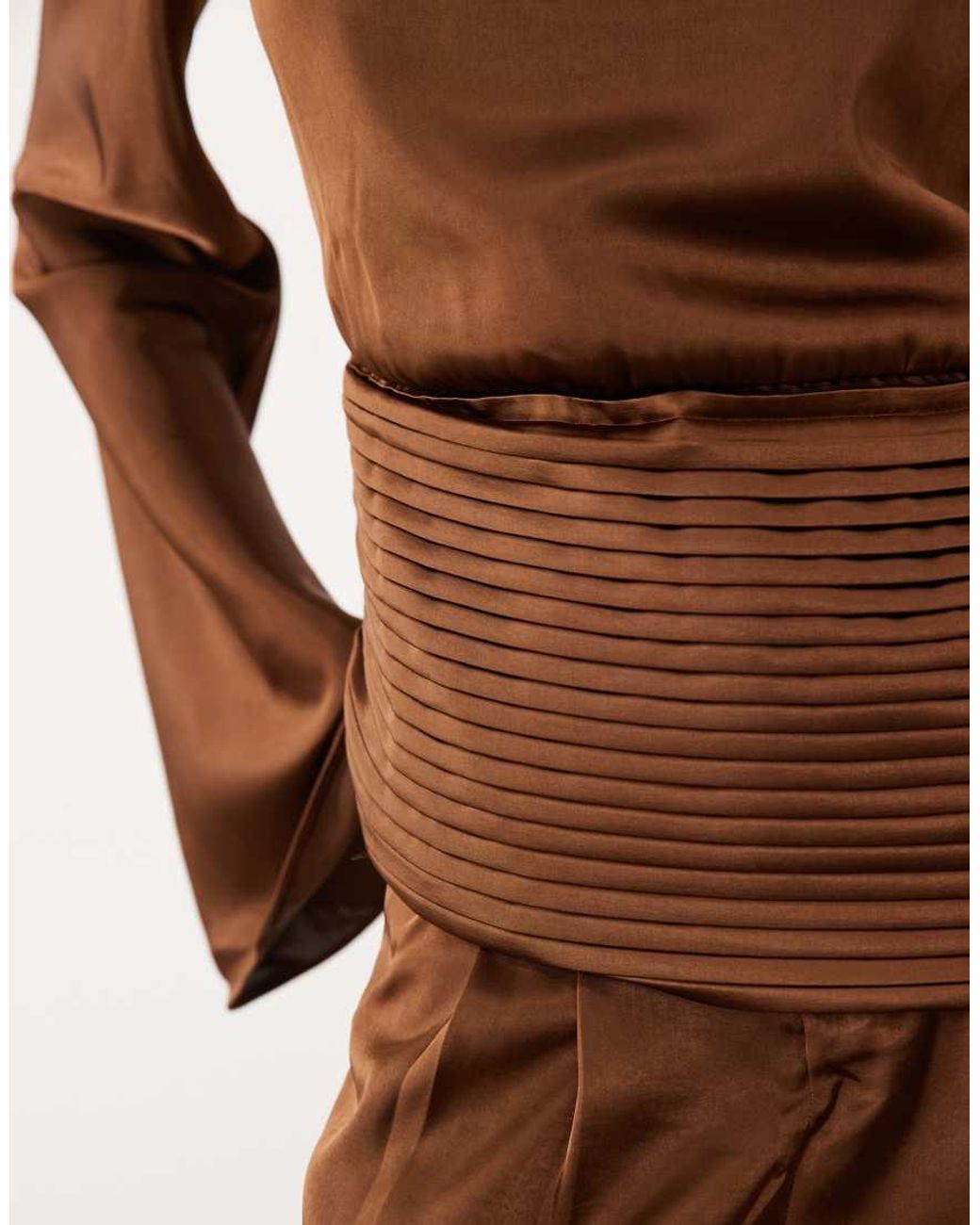 JW PEI Brown Exclusive Satin Draped Waist Bell Sleeve Top
