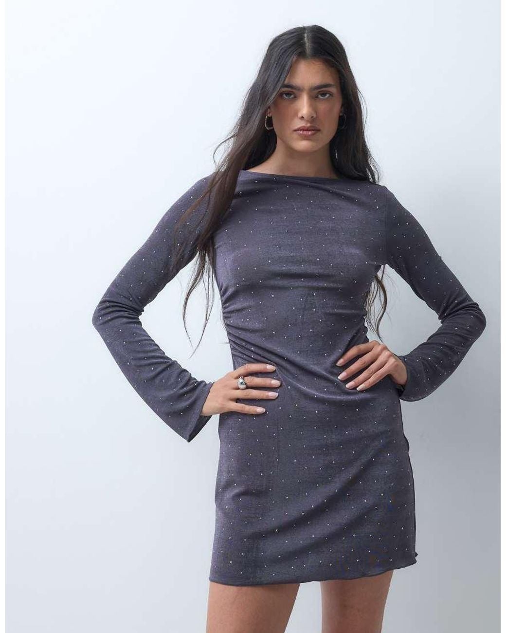 Monki Blue Long Sleeve Boatneck Mini Dress With Studs