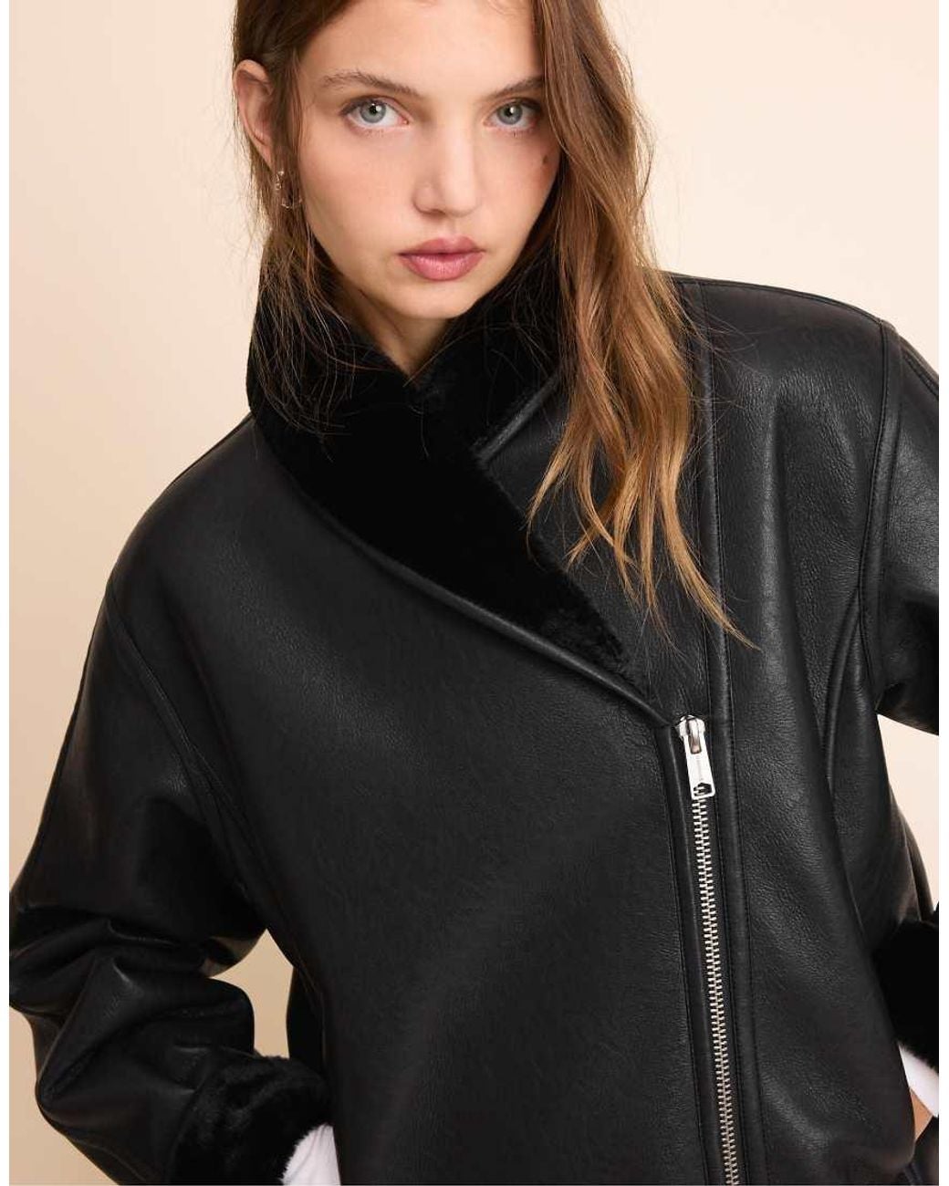 Stradivarius Natural Leather Effect Double-Faced Shawl Neck Jacket