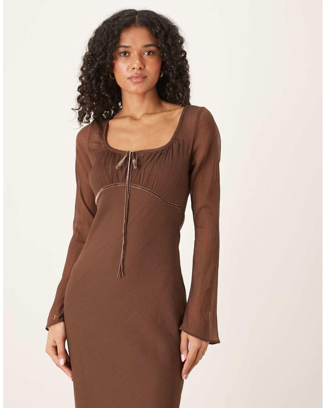 ASOS Brown Ruched Bust Scoop Long Sleeve Maxi Dress