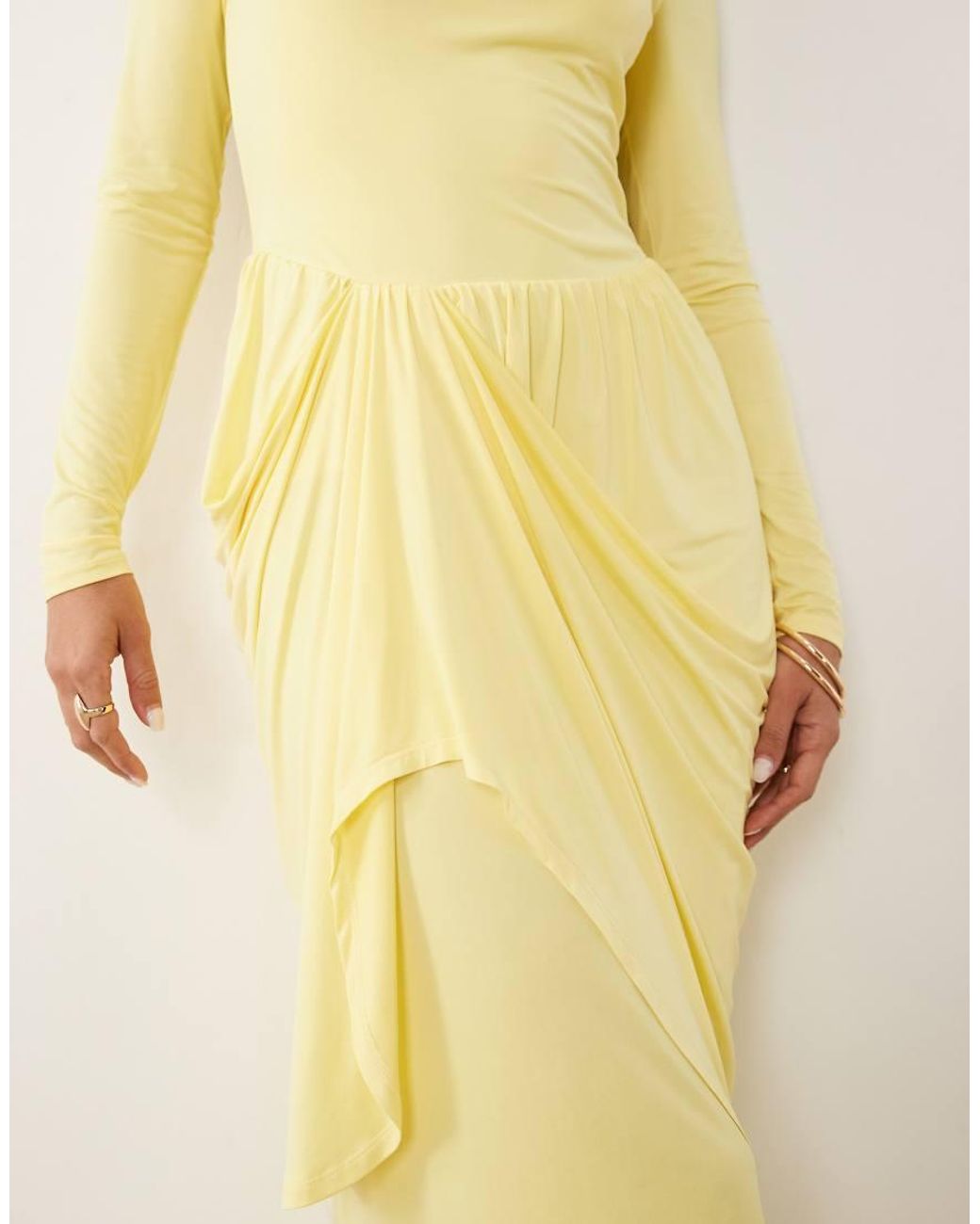 DASKA Yellow Boat Neck Long Sleeve Draped Skirt Maxi Dress