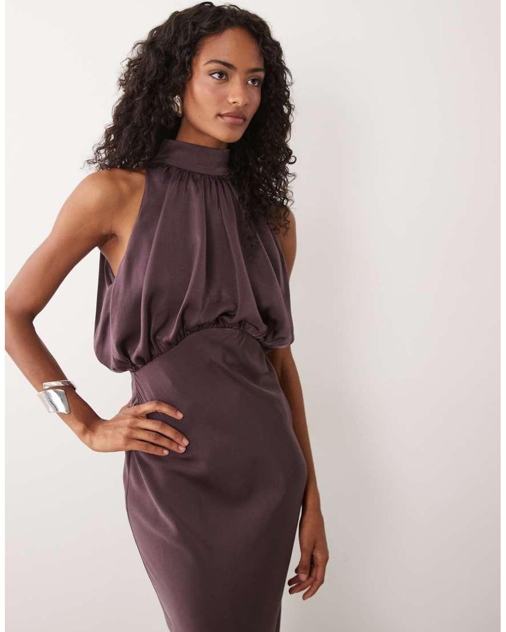 ASOS Purple Halter Neck Blouson Satin Maxi Dress