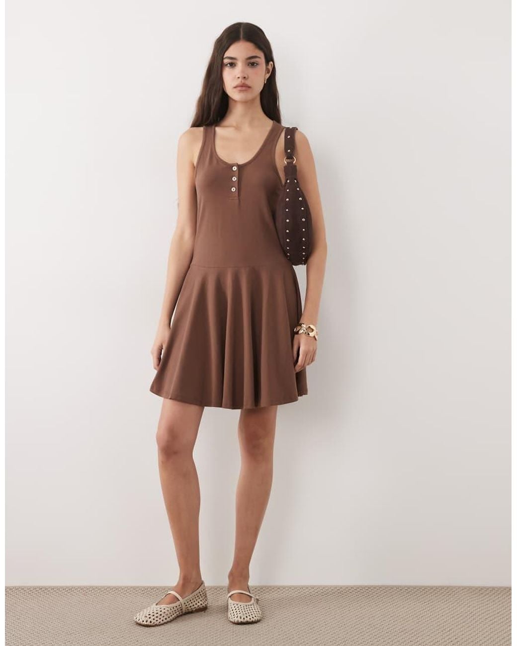 ASOS Brown Scoop Neck Button Front Henley Mini Dress